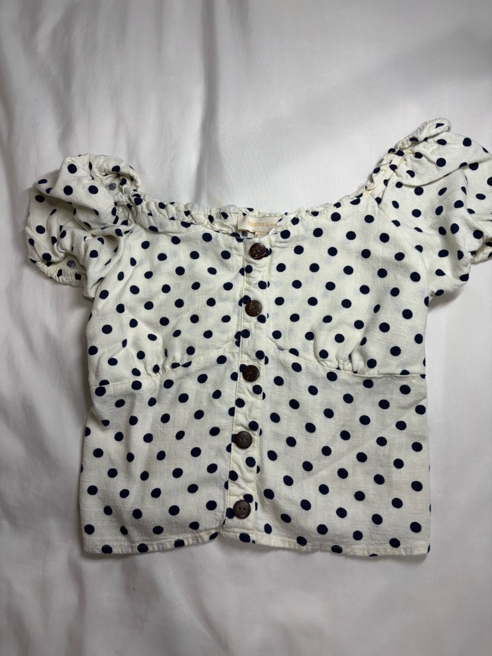 Monteau LA Cottagecore Coquette Y2K Linen-Blend Polka Dot Puff sleeve Top Size M
